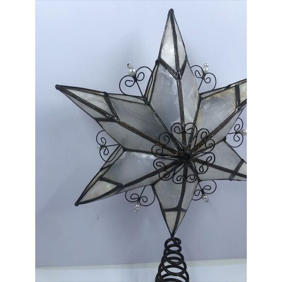 Capiz Shell Star Bronze Metal Filigree Hearts & Pearls Tree Topper 10-1/2" - Picture 6 of 14